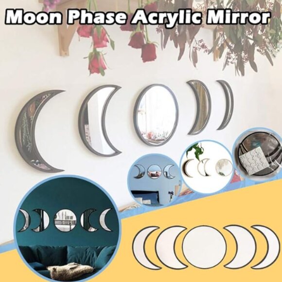 5 Pieces Wooden Moon Phase Mirror - Black - Picture 2 of 4